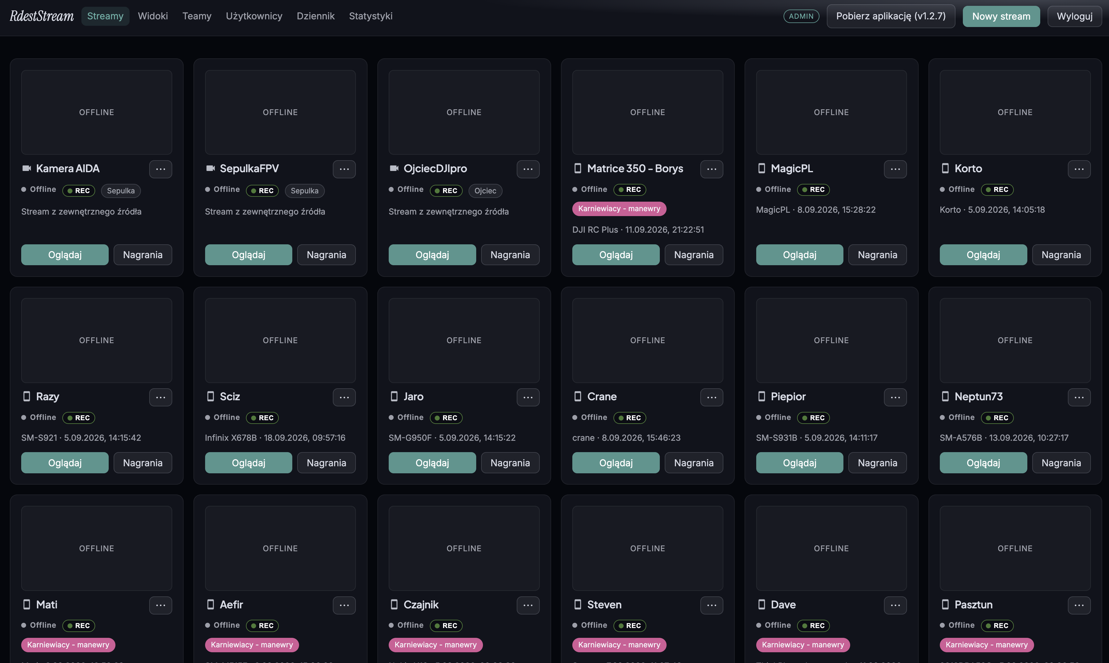 rdestStream - lista streamów